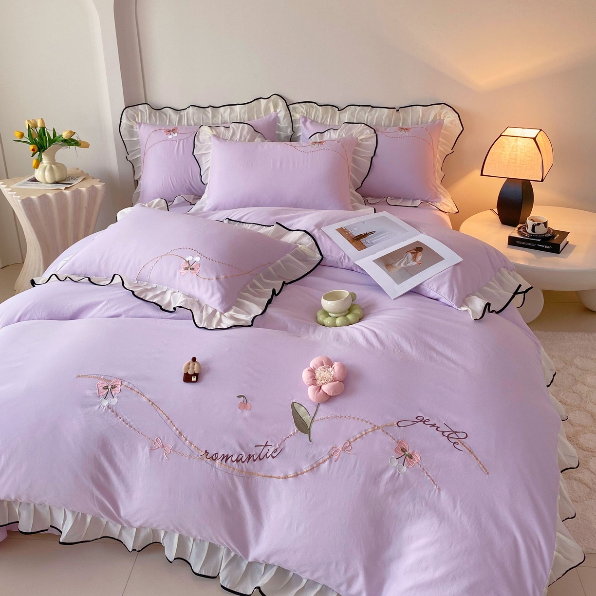 大麦乐田 2025新款公主风水洗糯小棉少女心柔软立体花刺绣蕾丝花边四件套 浪漫海风-嫩紫