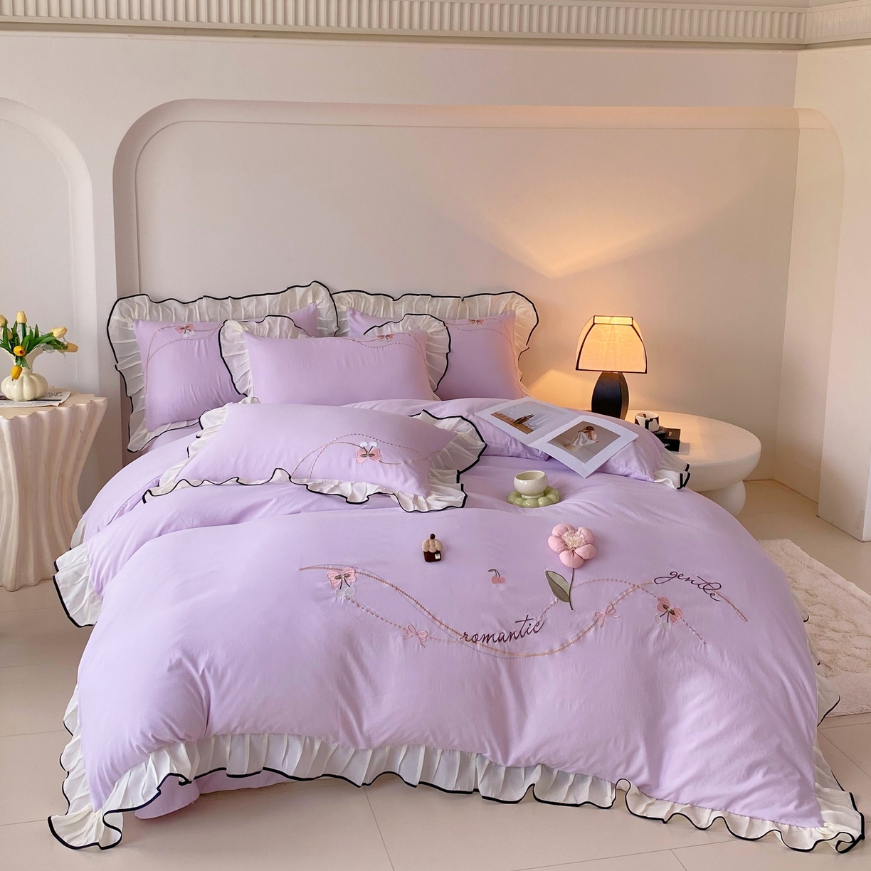 91家纺网 家纺一手货源 找家纺 大麦乐田 2025新款公主风水洗糯小棉少女心柔软立体花刺绣蕾丝花边四件套 浪漫海风-嫩紫