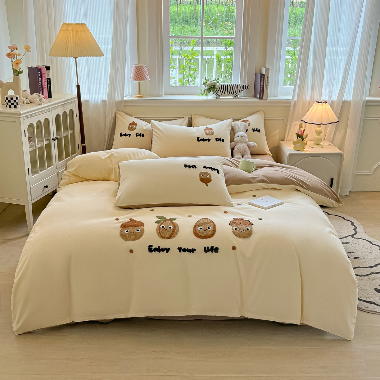 91家纺网 家纺一手货源 找家纺 多乐家纺 2025新款全棉纯棉磨毛毛巾绣四件套 坚果家族—奶咖