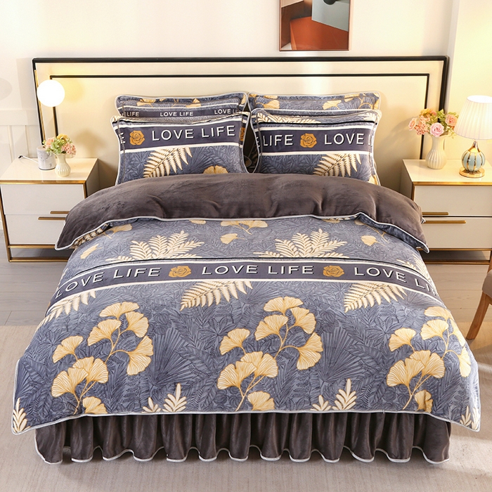 91家纺网 家纺一手货源 找家纺 橘姿 2025新款8-9斤床裙款牛奶绒四件套金貂绒法兰绒宝宝绒 静若幽香