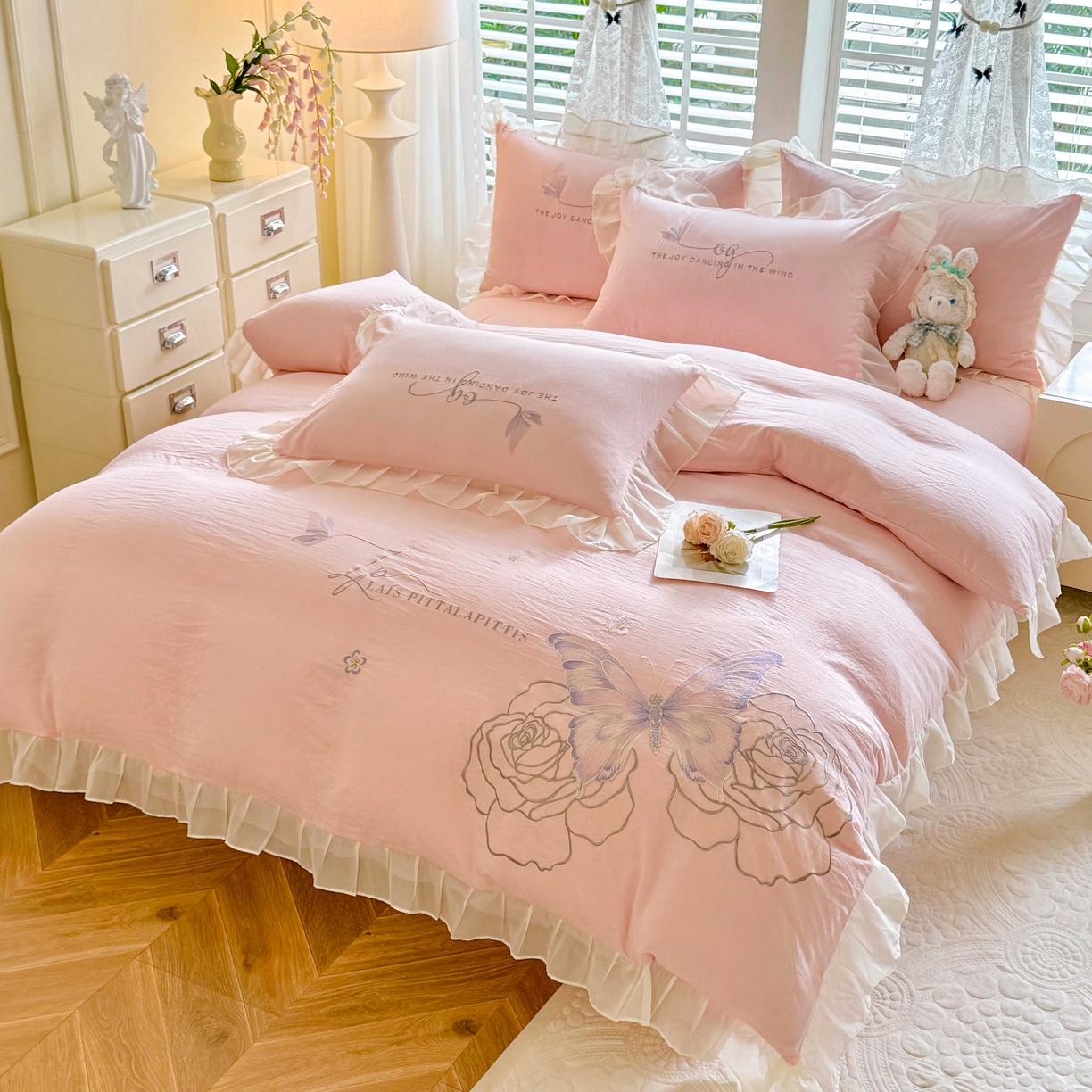 （总）大麦乐田 2025新款法式少女心水洗公主风贴布绣蕾丝花边四件套