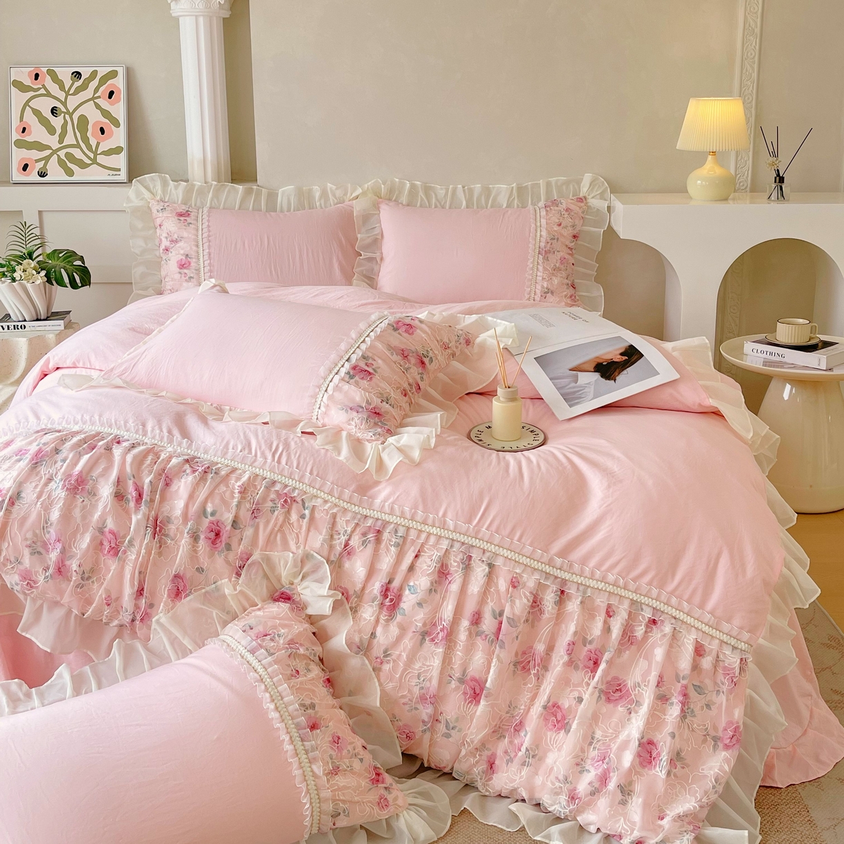 91家纺网 家纺一手货源 找家纺 （总）大麦乐田 2025新款法式少女心水洗糯小棉公主风蕾丝花边四件套