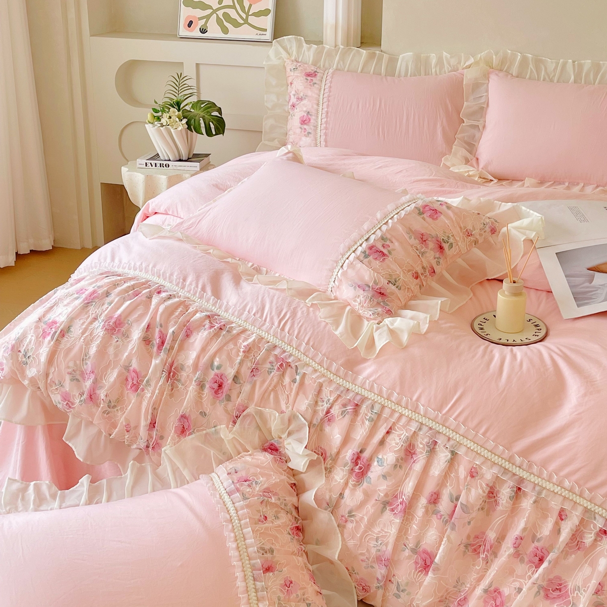 91家纺网 家纺一手货源 找家纺 （总）大麦乐田 2025新款法式少女心水洗糯小棉公主风蕾丝花边四件套