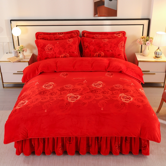 91家纺网 家纺一手货源 找家纺 橘姿 2025新款8-9斤床裙款牛奶绒四件套金貂绒法兰绒宝宝绒 玫瑰情缘