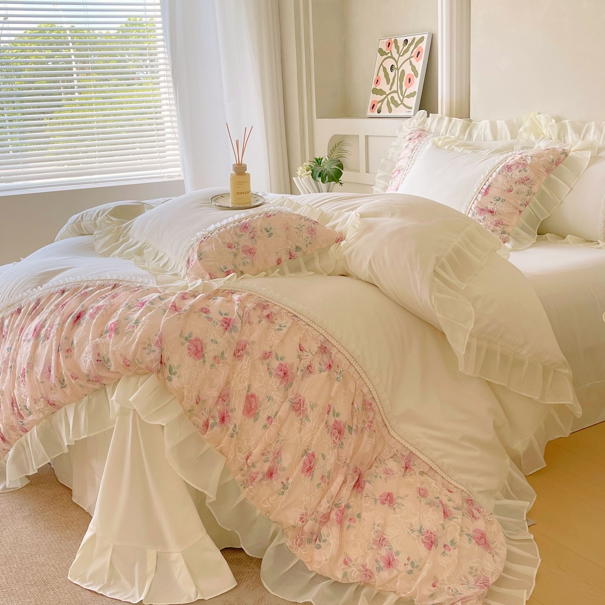 91家纺网 家纺一手货源 找家纺 （总）大麦乐田 2025新款法式少女心水洗糯小棉公主风蕾丝花边四件套