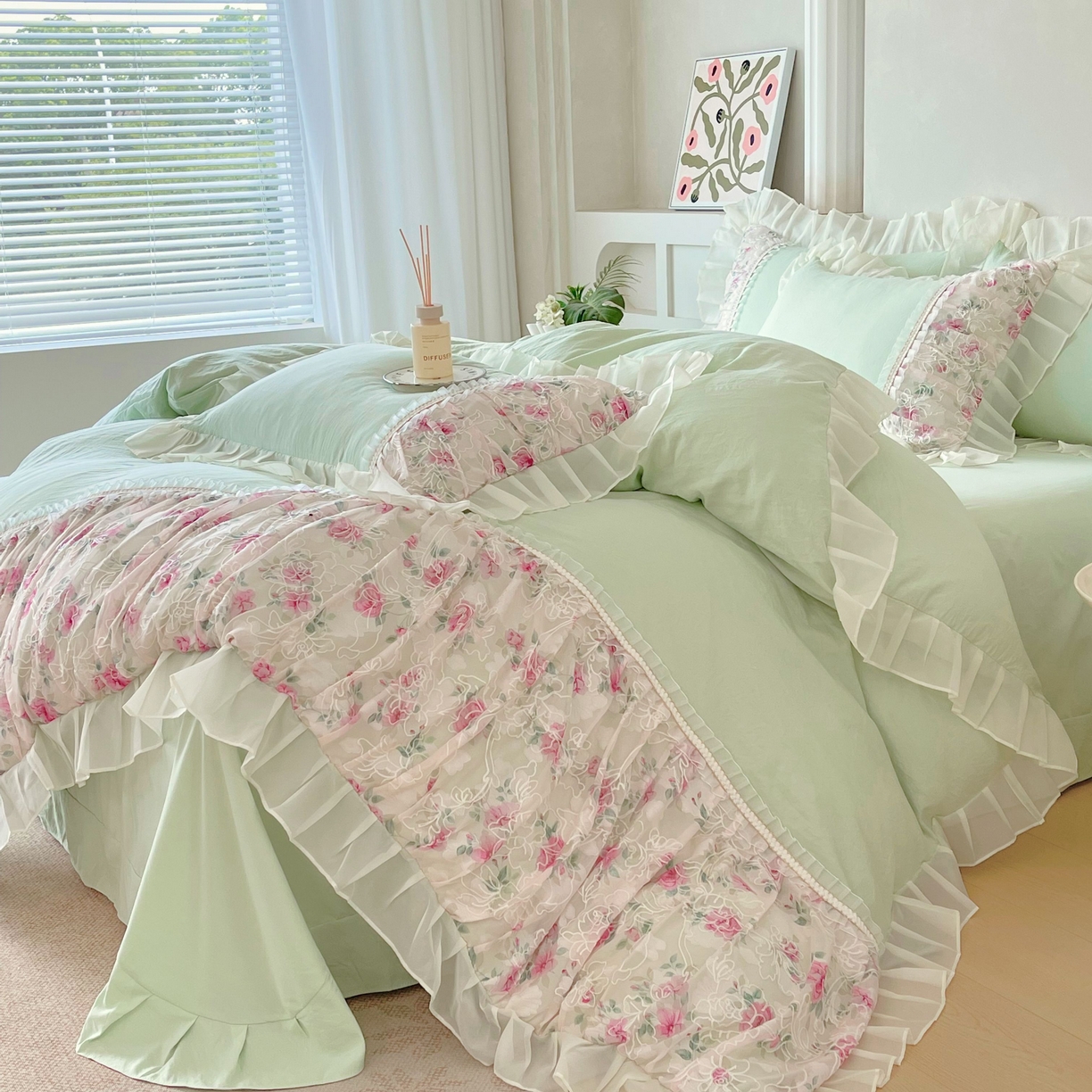 91家纺网 家纺一手货源 找家纺 （总）大麦乐田 2025新款法式少女心水洗糯小棉公主风蕾丝花边四件套