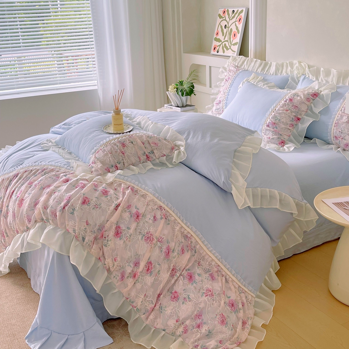 大麦乐田 2025新款法式少女心水洗糯小棉公主风蕾丝花边四件套 米兰春天-浅兰