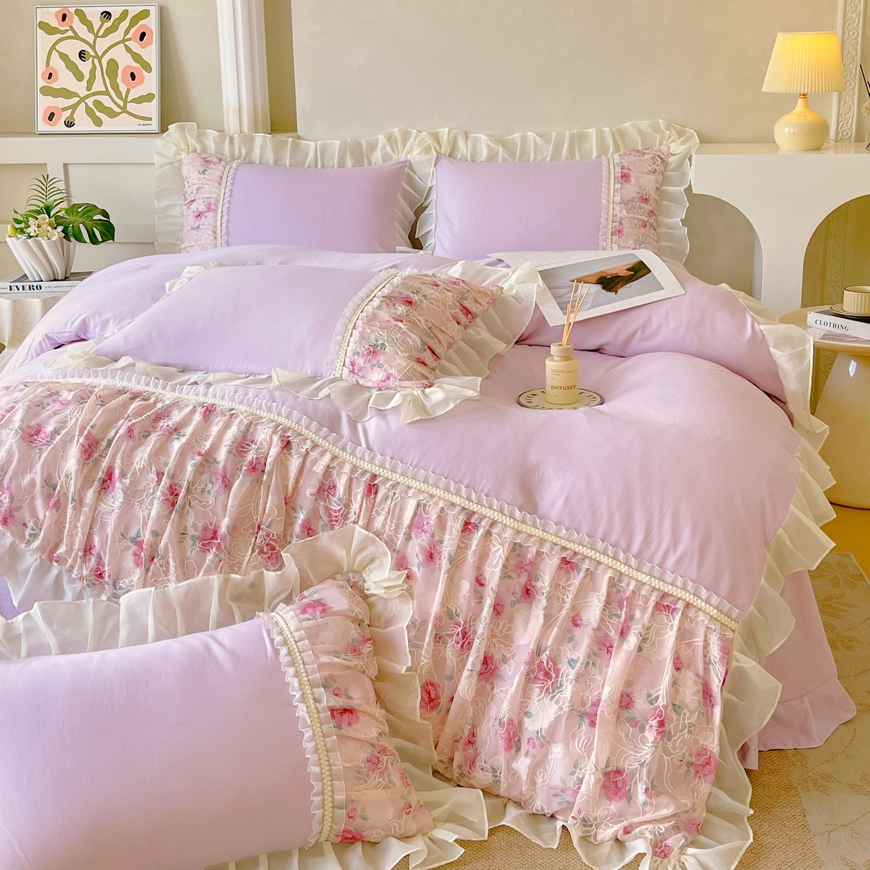 91家纺网 家纺一手货源 找家纺 大麦乐田 2025新款法式少女心水洗糯小棉公主风蕾丝花边四件套 米兰春天-嫩紫