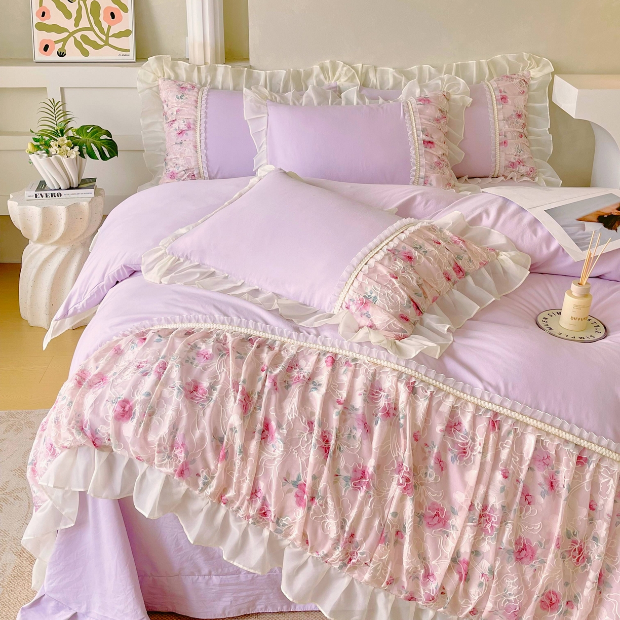 91家纺网 家纺一手货源 找家纺 大麦乐田 2025新款法式少女心水洗糯小棉公主风蕾丝花边四件套 米兰春天-嫩紫