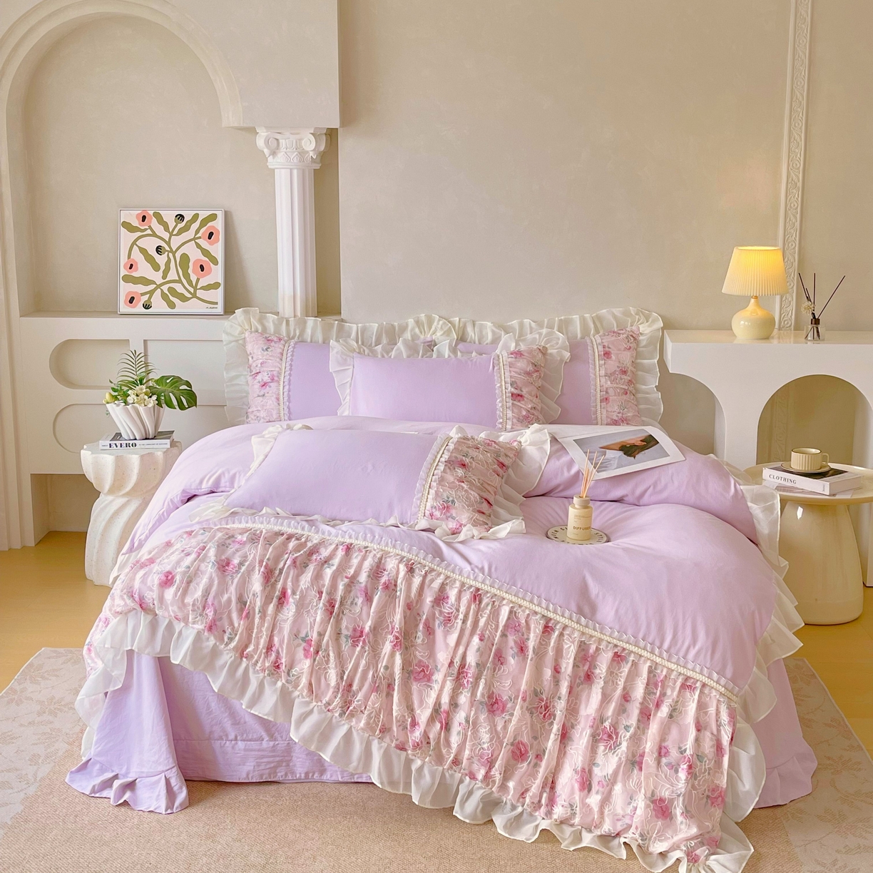 91家纺网 家纺一手货源 找家纺 大麦乐田 2025新款法式少女心水洗糯小棉公主风蕾丝花边四件套 米兰春天-嫩紫