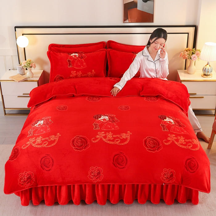 91家纺网 家纺一手货源 找家纺 橘姿 2025新款8-9斤床裙款牛奶绒四件套金貂绒法兰绒宝宝绒 天生一对