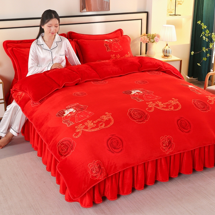 91家纺网 家纺一手货源 找家纺 橘姿 2025新款8-9斤床裙款牛奶绒四件套金貂绒法兰绒宝宝绒 天生一对