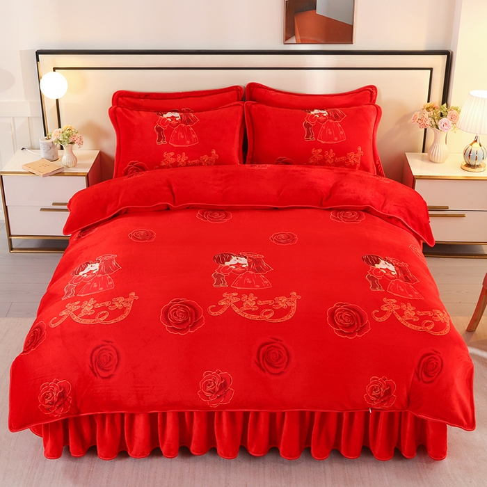 91家纺网 家纺一手货源 找家纺 橘姿 2025新款8-9斤床裙款牛奶绒四件套金貂绒法兰绒宝宝绒 天生一对