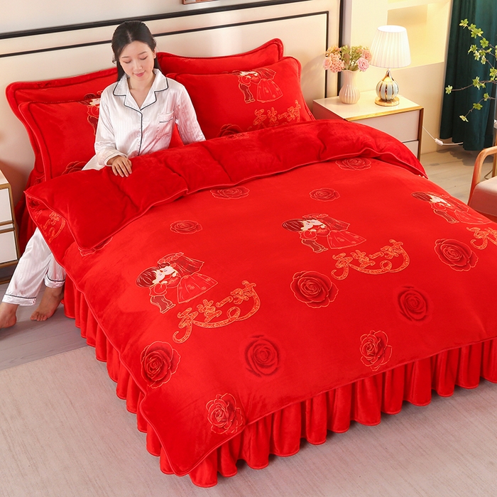 91家纺网 家纺一手货源 找家纺 橘姿 2025新款8-9斤床裙款牛奶绒四件套金貂绒法兰绒宝宝绒 天生一对