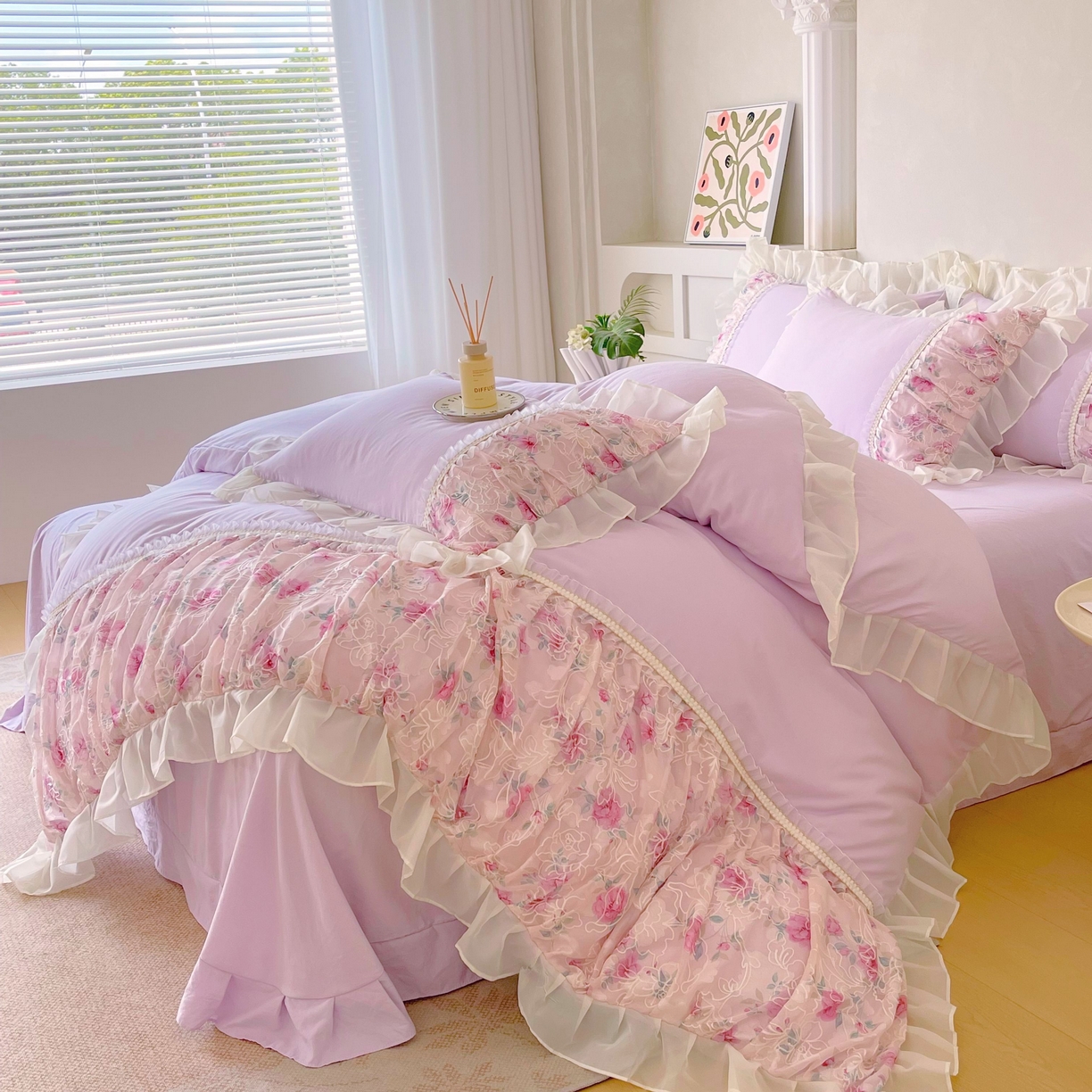 91家纺网 家纺一手货源 找家纺 大麦乐田 2025新款法式少女心水洗糯小棉公主风蕾丝花边四件套 米兰春天-嫩紫