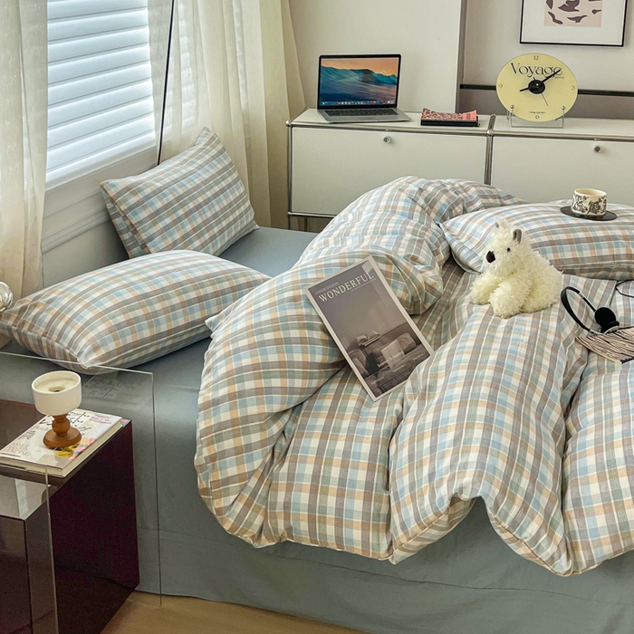 91家纺网 家纺一手货源 找家纺 斯卡诺家纺 2025新款原麻亚麻水洗棉四件套 格调-蓝