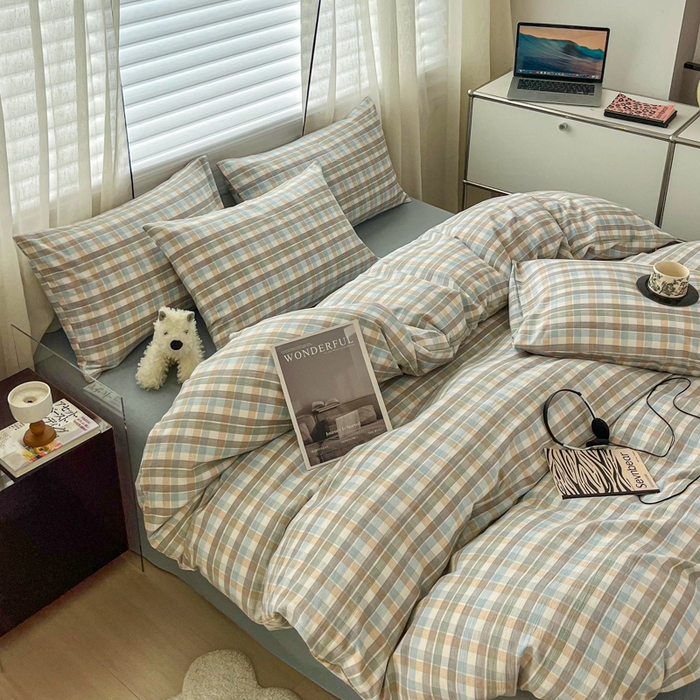 91家纺网 家纺一手货源 找家纺 斯卡诺家纺 2025新款原麻亚麻水洗棉四件套 格调-蓝