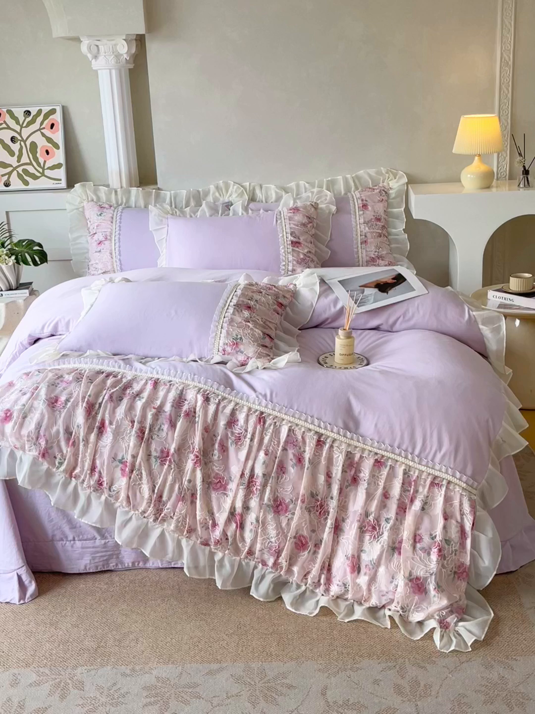 91家纺网 家纺一手货源 找家纺 大麦乐田 2025新款法式少女心水洗糯小棉公主风蕾丝花边四件套 米兰春天-嫩紫