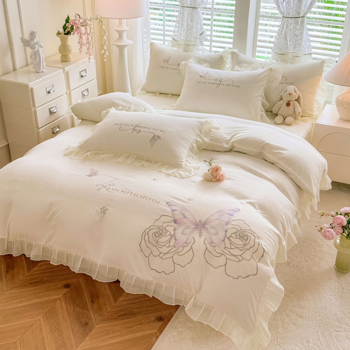 大麦乐田 2025新款法式少女心水洗公主风贴布绣蕾丝花边四件套 花蝶之恋-奶白