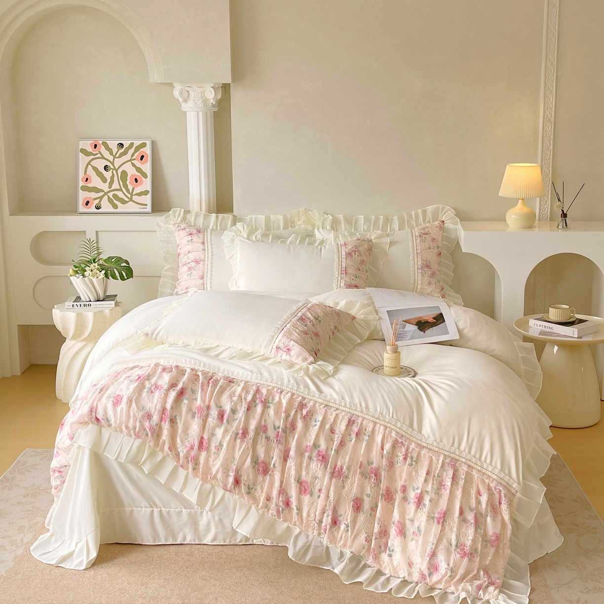 91家纺网 家纺一手货源 找家纺 大麦乐田 2025新款法式少女心水洗糯小棉公主风蕾丝花边四件套 米兰春天-嫩米