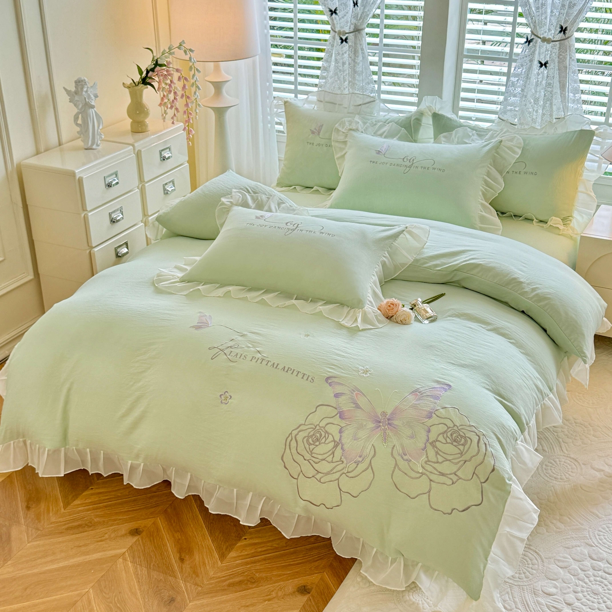 大麦乐田 2025新款法式少女心水洗公主风贴布绣蕾丝花边四件套 花蝶之恋-嫩绿