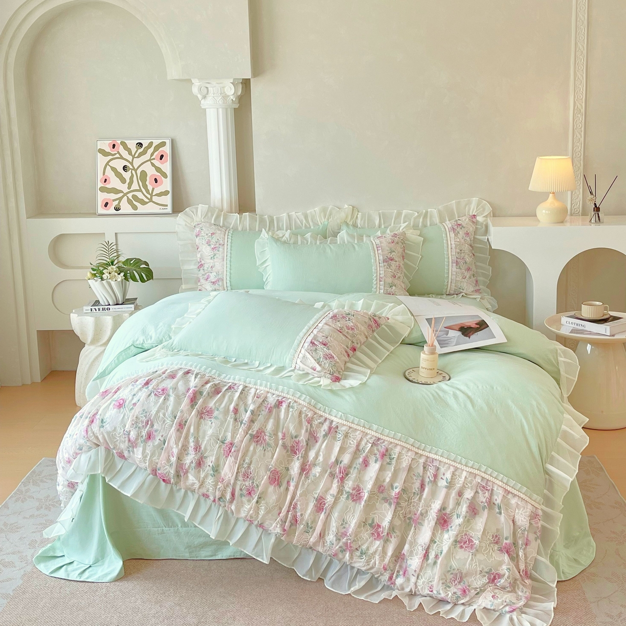 91家纺网 家纺一手货源 找家纺 大麦乐田 2025新款法式少女心水洗糯小棉公主风蕾丝花边四件套 米兰春天-嫩绿