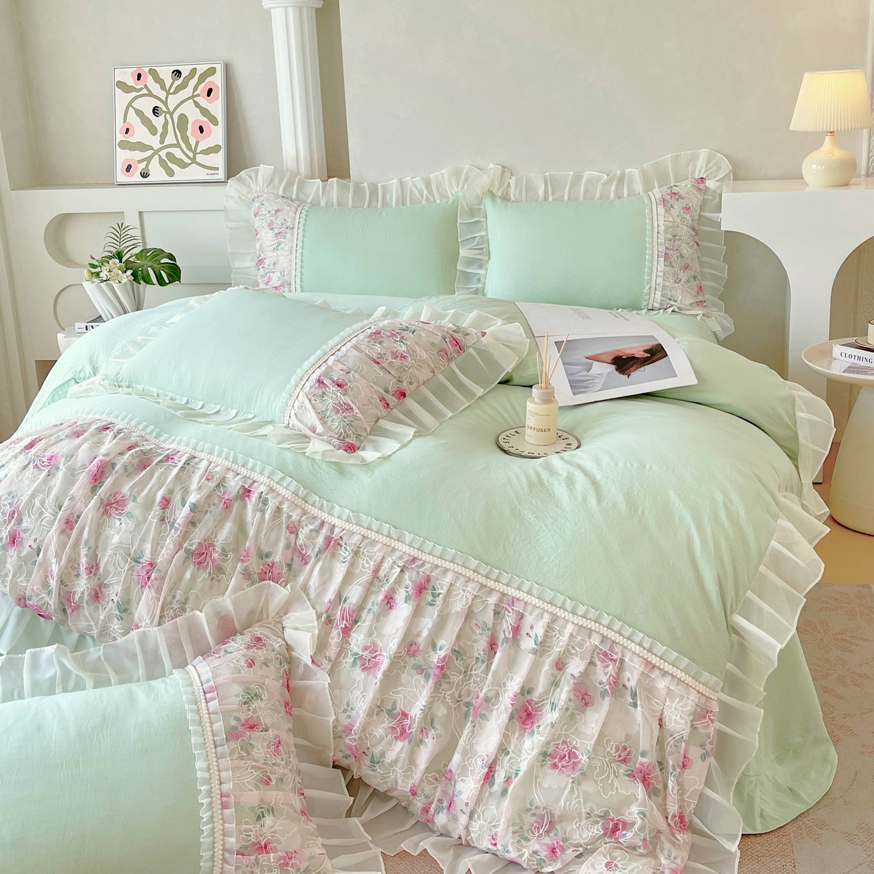 91家纺网 家纺一手货源 找家纺 大麦乐田 2025新款法式少女心水洗糯小棉公主风蕾丝花边四件套 米兰春天-嫩绿