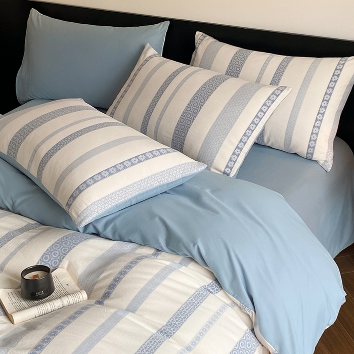 91家纺网 家纺一手货源 找家纺 言一 2025秋冬新品A类60S新疆长绒棉纯棉陶瓷轻磨毛四件套水洗棉提花全棉床单被套 雏菊-月光蓝