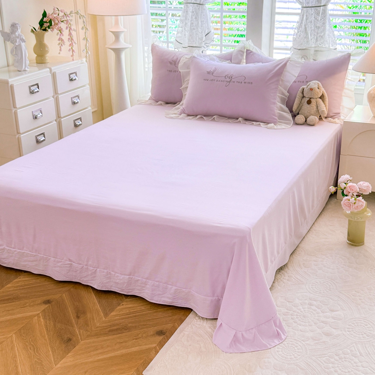 91家纺网 家纺一手货源 找家纺 大麦乐田 2025新款法式少女心水洗公主风贴布绣蕾丝花边四件套 花蝶之恋-嫩紫