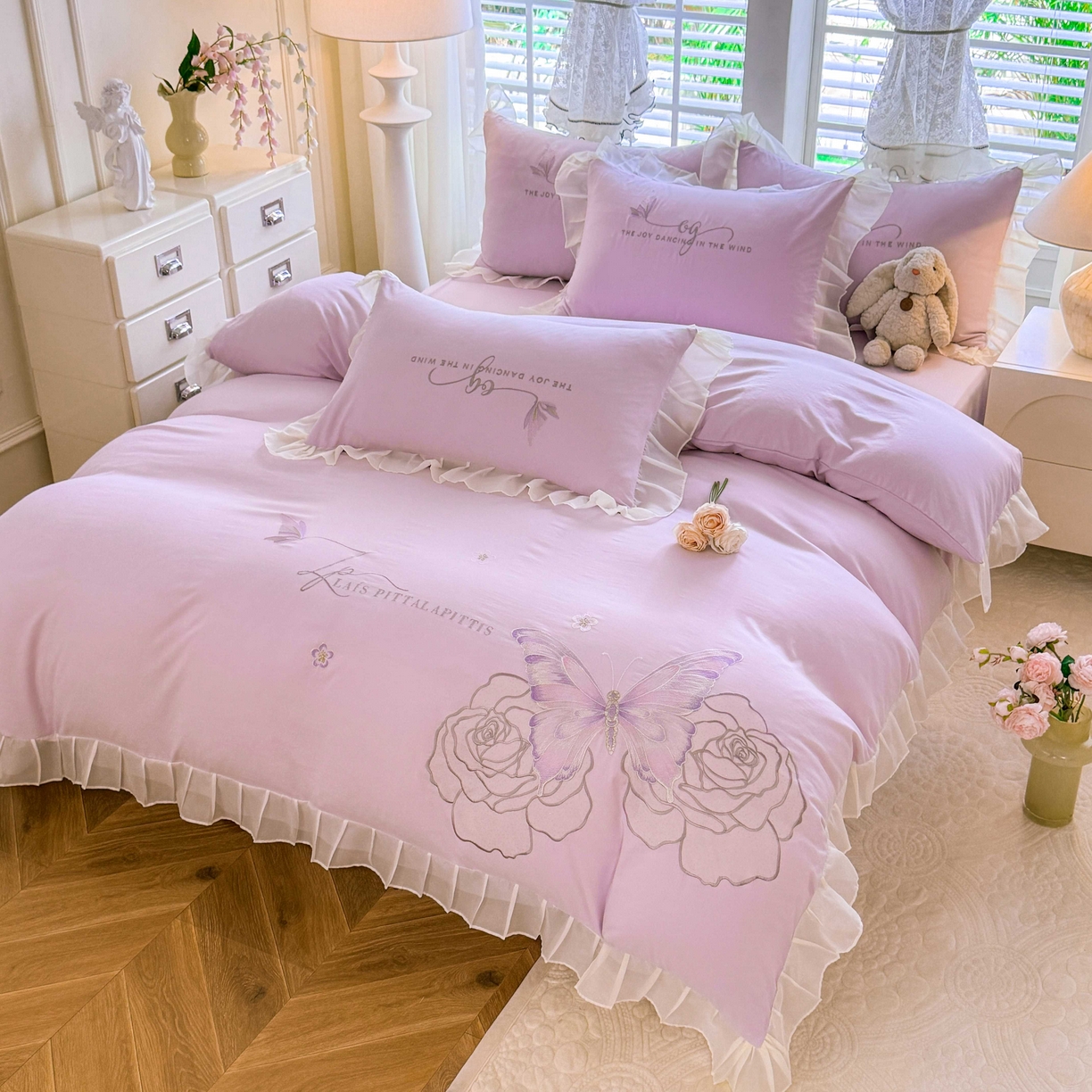 大麦乐田 2025新款法式少女心水洗公主风贴布绣蕾丝花边四件套 花蝶之恋-嫩紫