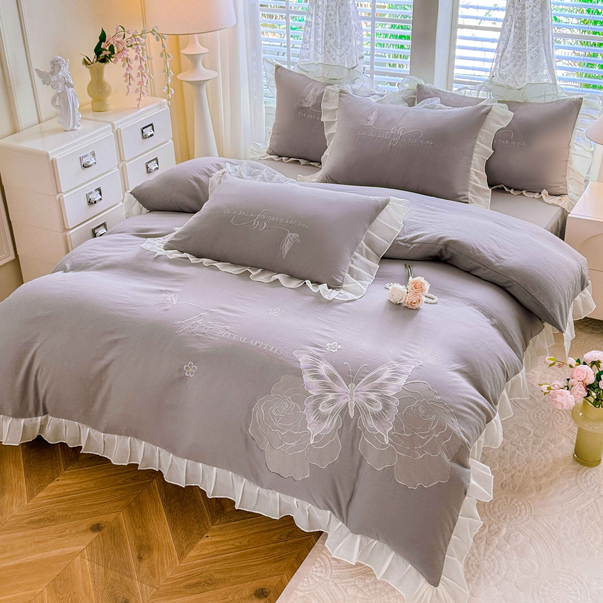 大麦乐田 2025新款法式少女心水洗公主风贴布绣蕾丝花边四件套 花蝶之恋-绅士灰