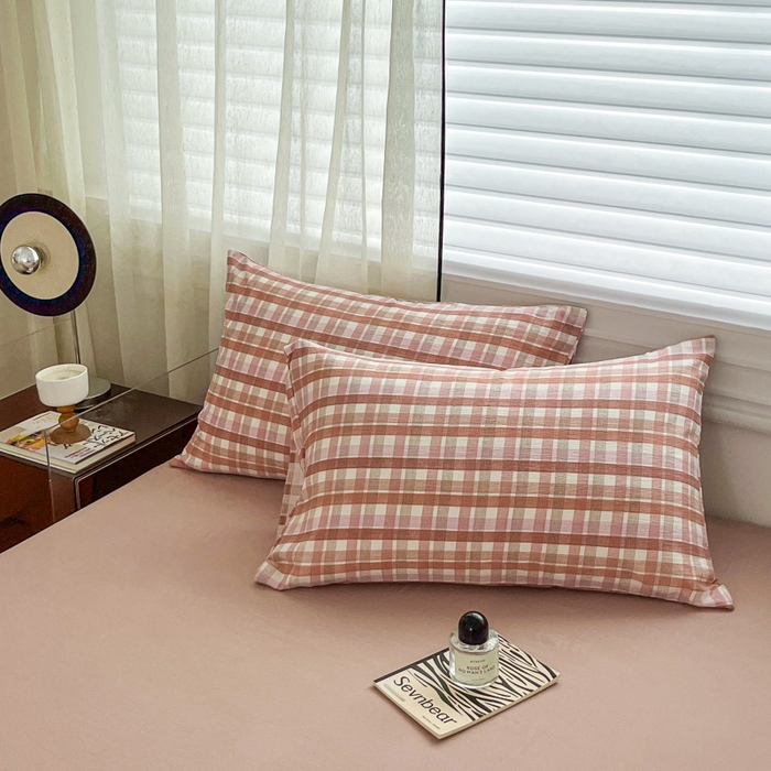 91家纺网 家纺一手货源 找家纺 利禾家纺 2026新款亲肤舒适原麻亚麻皱皱纱四件套水洗棉简麻四件套 格调-粉