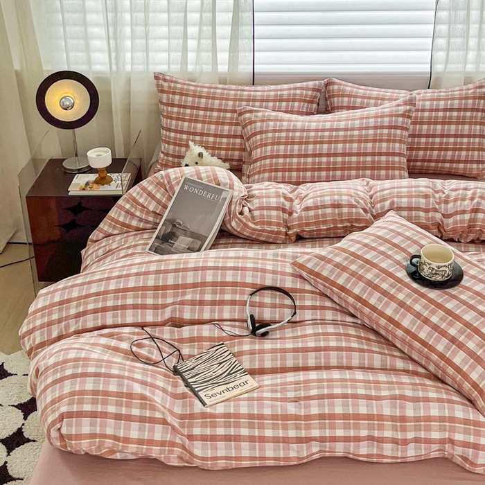 91家纺网 家纺一手货源 找家纺 利禾家纺 2026新款亲肤舒适原麻亚麻皱皱纱四件套水洗棉简麻四件套 格调-粉