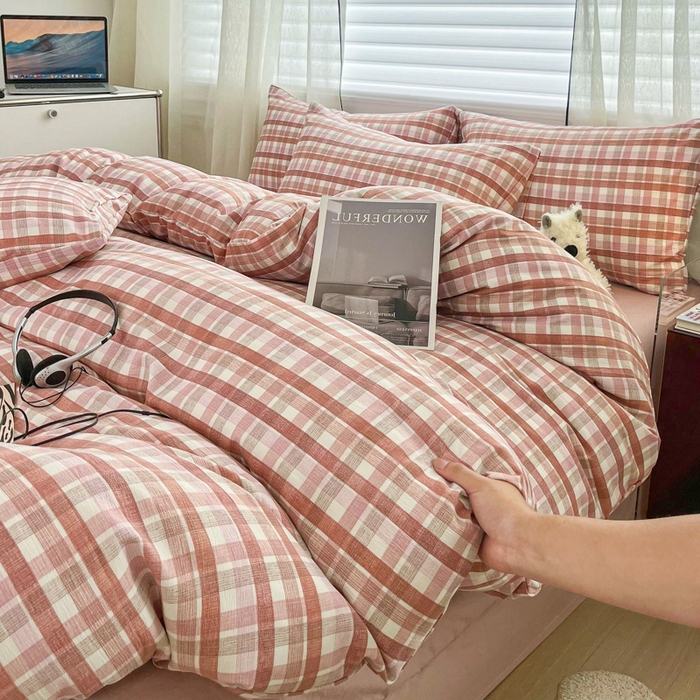 91家纺网 家纺一手货源 找家纺 利禾家纺 2026新款亲肤舒适原麻亚麻皱皱纱四件套水洗棉简麻四件套 格调-粉