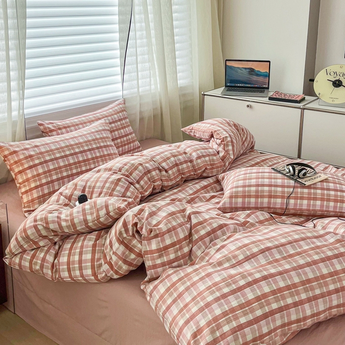 91家纺网 家纺一手货源 找家纺 利禾家纺 2026新款亲肤舒适原麻亚麻皱皱纱四件套水洗棉简麻四件套 格调-粉