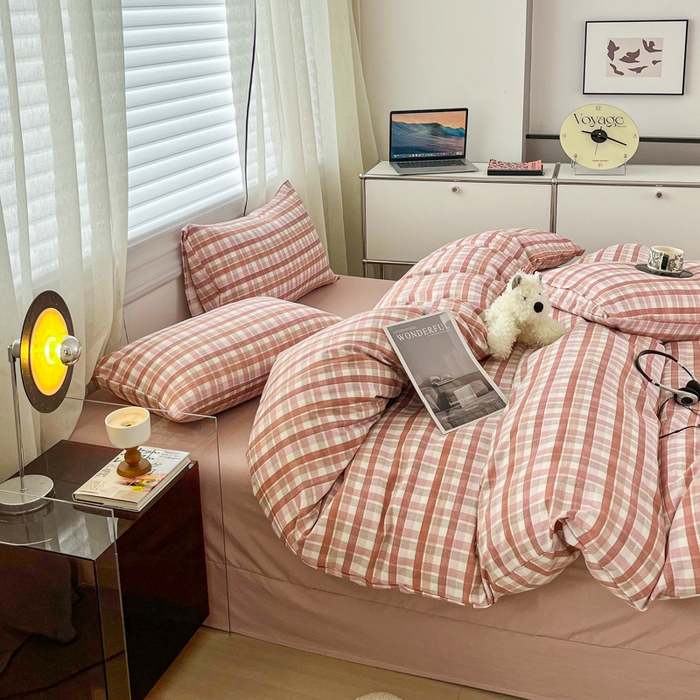 91家纺网 家纺一手货源 找家纺 利禾家纺 2026新款亲肤舒适原麻亚麻皱皱纱四件套水洗棉简麻四件套 格调-粉