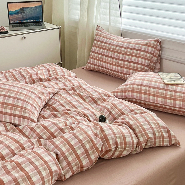 91家纺网 家纺一手货源 找家纺 利禾家纺 2026新款亲肤舒适原麻亚麻皱皱纱四件套水洗棉简麻四件套 格调-粉