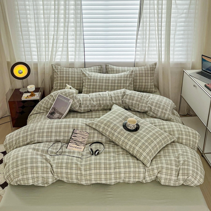 斯卡诺家纺 2026新款亲肤舒适原麻亚麻皱皱纱四件套水洗棉简麻四件套 格调-绿