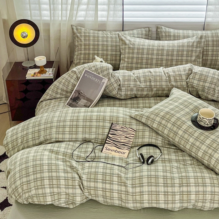 91家纺网 家纺一手货源 找家纺 斯卡诺家纺 2026新款亲肤舒适原麻亚麻皱皱纱四件套水洗棉简麻四件套 格调-绿