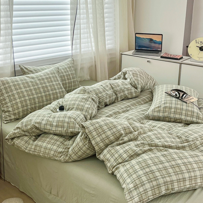 91家纺网 家纺一手货源 找家纺 斯卡诺家纺 2026新款亲肤舒适原麻亚麻皱皱纱四件套水洗棉简麻四件套 格调-绿