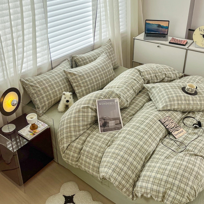 91家纺网 家纺一手货源 找家纺 斯卡诺家纺 2026新款亲肤舒适原麻亚麻皱皱纱四件套水洗棉简麻四件套 格调-绿