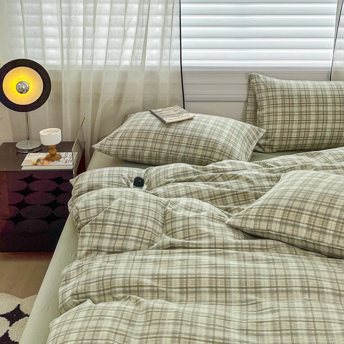 91家纺网 家纺一手货源 找家纺 斯卡诺家纺 2026新款亲肤舒适原麻亚麻皱皱纱四件套水洗棉简麻四件套 格调-绿