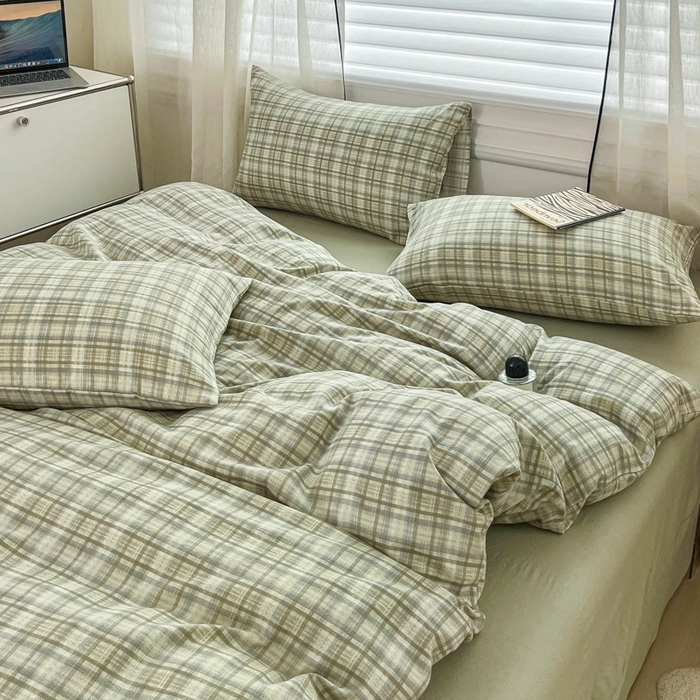 91家纺网 家纺一手货源 找家纺 斯卡诺家纺 2026新款亲肤舒适原麻亚麻皱皱纱四件套水洗棉简麻四件套 格调-绿