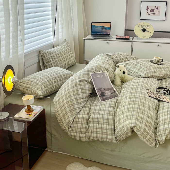 91家纺网 家纺一手货源 找家纺 斯卡诺家纺 2026新款亲肤舒适原麻亚麻皱皱纱四件套水洗棉简麻四件套 格调-绿