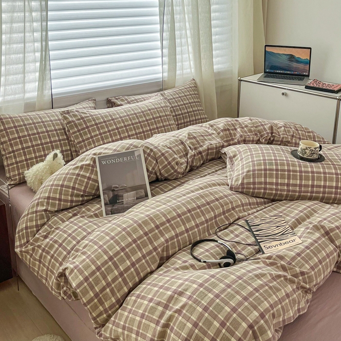 91家纺网 家纺一手货源 找家纺 斯卡诺家纺 2026新款亲肤舒适原麻亚麻皱皱纱四件套水洗棉简麻四件套 格调-紫