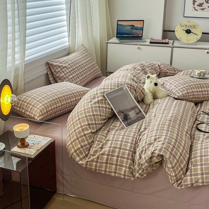 91家纺网 家纺一手货源 找家纺 斯卡诺家纺 2026新款亲肤舒适原麻亚麻皱皱纱四件套水洗棉简麻四件套 格调-紫