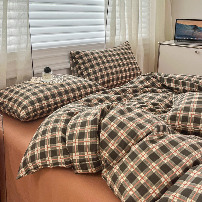 91家纺网 家纺一手货源 找家纺 斯卡诺家纺 2026新款亲肤舒适原麻亚麻皱皱纱四件套水洗棉简麻四件套 黑白格调