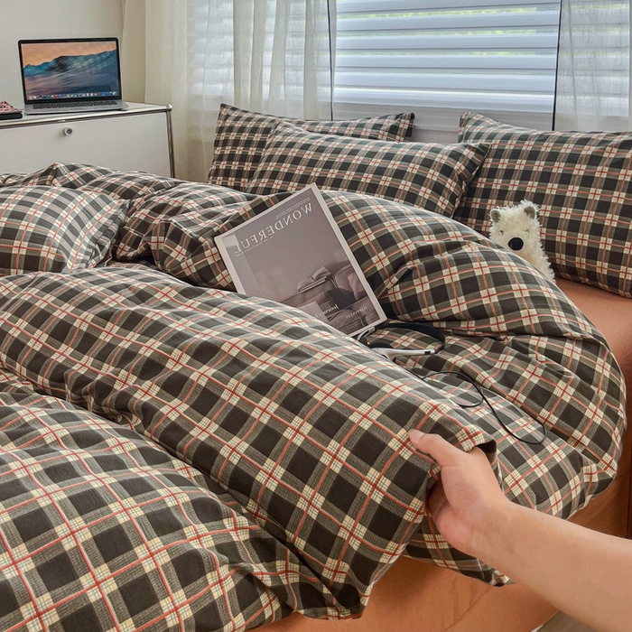 91家纺网 家纺一手货源 找家纺 斯卡诺家纺 2026新款亲肤舒适原麻亚麻皱皱纱四件套水洗棉简麻四件套 黑白格调