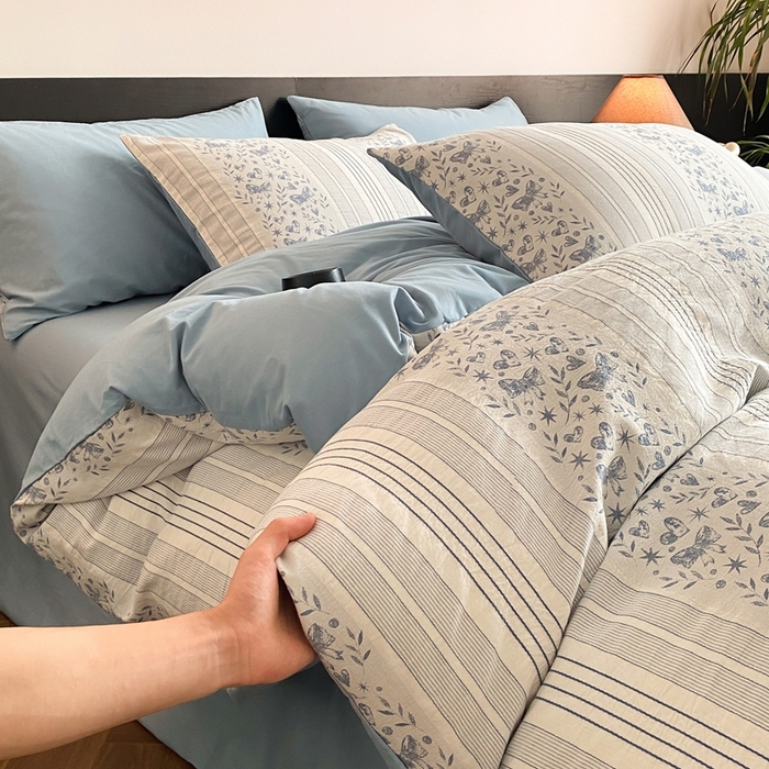 言一 2025秋冬新品A类60S新疆长绒棉纯棉陶瓷轻磨毛四件套水洗棉提花全棉床单被套 蝶栩-天青藍