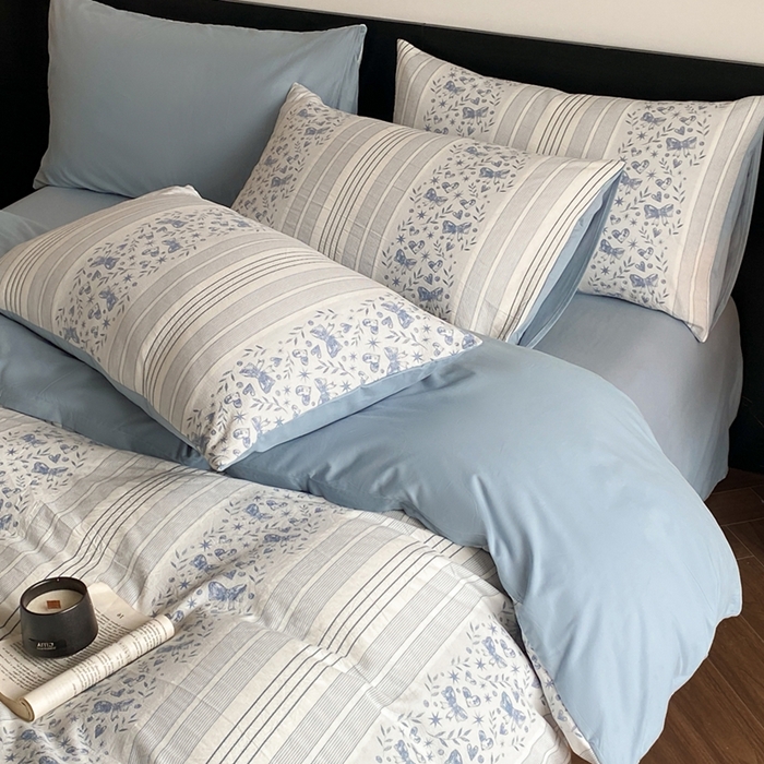 91家纺网 家纺一手货源 找家纺 言一 2025秋冬新品A类60S新疆长绒棉纯棉陶瓷轻磨毛四件套水洗棉提花全棉床单被套 蝶栩-天青藍